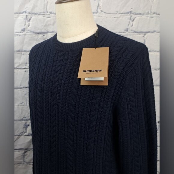 NWT Burberry Men's Cable Knit Sweater 100% Cashmere Fishermen Navy